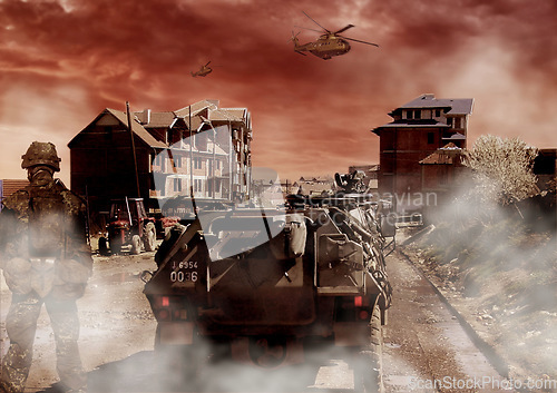 Image of War, soldier and military transport, army in a post apocalyptic landscape and conflict with person, dust and hero. Survival, mission and warrior with fight on battlefield, action and tank for battle