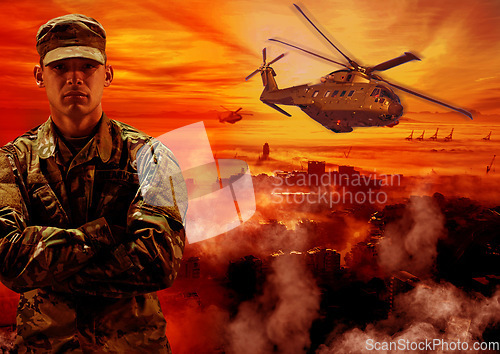 Image of War, man and soldier, helicopter and fire with military transport, army in a post apocalyptic landscape and conflict. Survival, mission and warrior with fight on battlefield, action and apocalypse