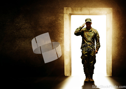 Image of Military, door and soldier salute for leaving home for service, army duty and battle in camouflage uniform. Mockup, war hero and man at entrance ready for armed forces, country and marine defense