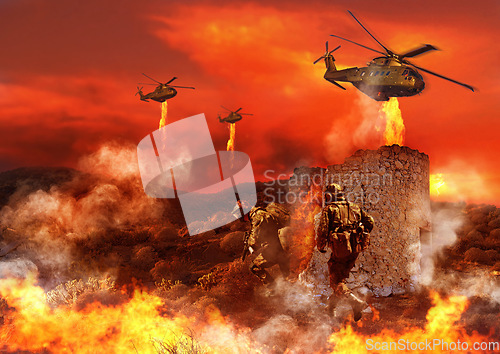 Image of Combat, military and soldier with fire in battlefield for service, army duty and battle in camouflage. Mockup, explosion and people with helicopter for armed forces, defense or warfare conflict