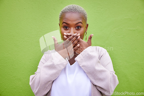 Image of Green wall, shocked and black woman surprise by news, deal or discount offer isolated in a studio background. Wow, gossip and young person with emoji reaction to announcement, sale or promotion