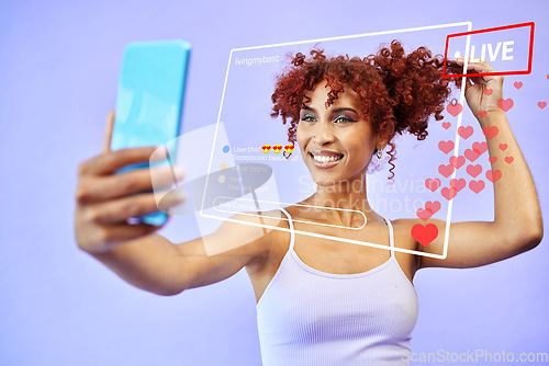 Image of Woman, vlog and live streaming in studio with screen overlay, notification icon and happy by purple background. Gen z influencer girl, selfie recording and contact with followers on social media app
