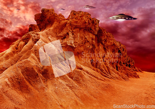 Image of UFO, invasion and spaceship in outer space on mars and planet with science fiction. Alien technology, flying saucer and red mountain landscape with surreal background and world with spacecraft in sky