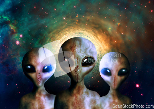 Image of Gray alien, group and face for invasion, interstellar travel and fantasy for sci fi art, stars or dark night. Extraterrestrial humanoid, sky or together on mission to search universe, galaxy or earth