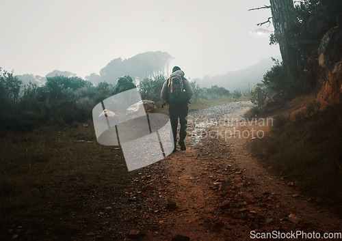 Image of Back, winter hiking and a man in nature for freedom, travel or adventure in the mountain wilderness. Forest, morning and overcast with a male backpacker on a dirt road in the woods for a hike