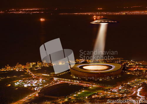 Image of UFO, lights and city in night, buildings and alien invasion for search, stadium or Cape Town. UAP spaceship, flying saucer or tractor beam in dark cityscape, metro or cbd for survey, flight or sci fi