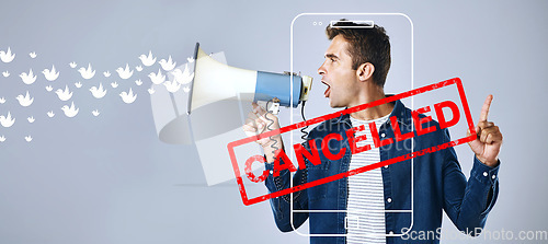 Image of Cancel culture, opinion and social media with man and megaphone for online, cyberbullying and toxic message. Free speech, censorship and anger with person on grey background for banner and voice