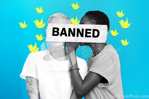 Image of Cancel culture, gossip and censorship with overlay on people for social media, cyber bullying and toxic message. Free speech, censorship and rumor with women on blue background for mockup and voice