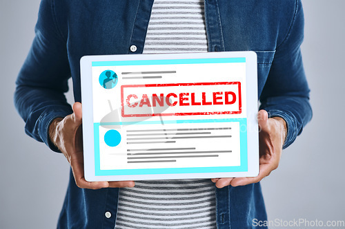 Image of Cancel culture, opinion and tablet screen with hands of person for social media, cyber bullying and message. Free speech, censorship and internet with closeup of man on white background for voice