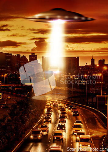 Image of UFO, alien spaceship and city in street, traffic and tractor beam for search, transport and Cape Town. UAP ship, flying saucer and lights in dark cityscape, metro and cbd for survey, flight or cars