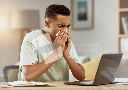 Image of Sneeze, man and tissue in living room with flu, virus or cough while learning online at home. Health, person and fever blow nose with tissue from influenza, illness or cold by table in apartment