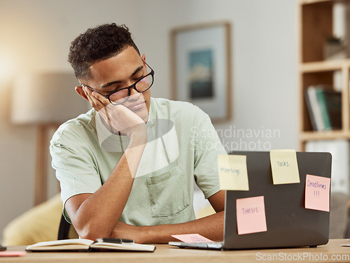 Image of Burnout, laptop and tired business man sleeping in office with fatigue, workload or deadline, note or reminder. Work, fail and lazy guy web designer with low energy nap for online marketing project