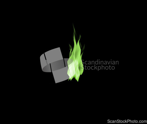 Image of Green flame, heat and light on black background with texture, pattern and burning energy. Fire line, fuel and gas isolated on dark wallpaper design, explosion at bonfire, thermal power or inferno.