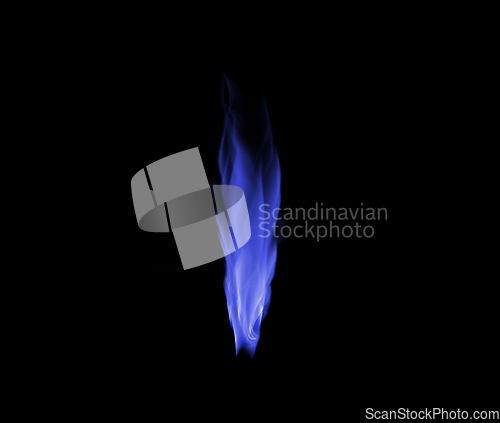 Image of Blue flame, heat and light on black background with texture, pattern and burning energy. Fire, fuel or flare isolated on dark wallpaper design, chemical explosion or bonfire, thermal power or inferno