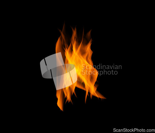 Image of Orange fire, gas and flame on black background with texture, pattern and burning energy. Light, fuel and flare isolated on dark wallpaper design, explosion at bonfire, thermal power or inferno glow.