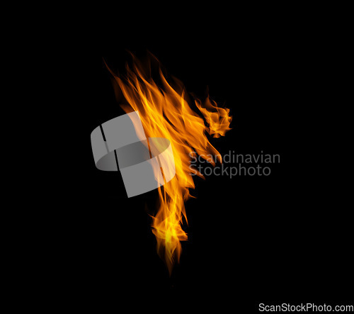 Image of Flame, heat or light on black background with color texture and pattern of burning energy. Fire line, fuel or flare isolated on dark mockup design or explosion at bonfire, thermal power or inferno