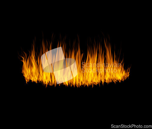 Image of Orange flame, heat or light on black background with texture, pattern and burning energy. Fire line, fuel and flare isolated on dark wallpaper design or explosion at bonfire, thermal power or inferno