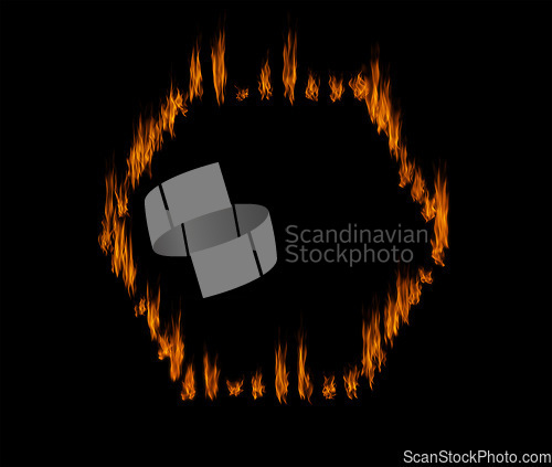 Image of Fire, shape with orange flame on black background, inferno and power with mockup space. Heat, ignite and sparks burning in a studio, energy and natural element, flammable and texture with hexagon