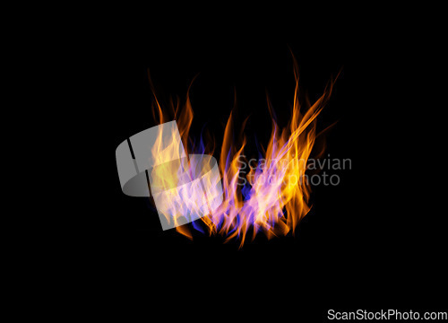 Image of Orange flame, heat or light on black wallpaper with texture, pattern or burning energy. Fire line, fuel and flare isolated on dark background design or explosion at bonfire, thermal power or inferno.