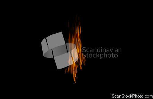 Image of Orange flame, heat and energy on black background with texture, pattern and burning light. Fire line, fuel and flare isolated on dark wallpaper design explosion at bonfire, thermal power or inferno.