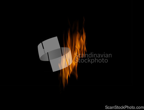 Image of Orange flame, heat and energy on black background with texture, pattern or burning power. Fire line, fuel and flare isolated on dark wallpaper design or explosion at bonfire, thermal power or inferno