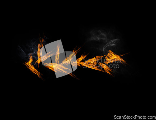 Image of Fire, burning and smoke with orange flame on black background, inferno and power with mockup space. Heat, ignite and sparks in a studio, energy and natural element, flammable and texture with glow