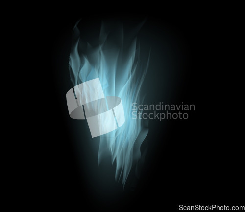 Image of Blue heat, fire and dark wallpaper with light texture, pattern and burning energy. Flame, fuel sparks and flare isolated on black background design or explosion at bonfire, thermal power or inferno.
