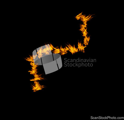 Image of Fire, burning and orange flame on black background, inferno and power with mockup space. Heat pattern, ignite and sparks in a studio, energy and natural element, flammable and texture with glow