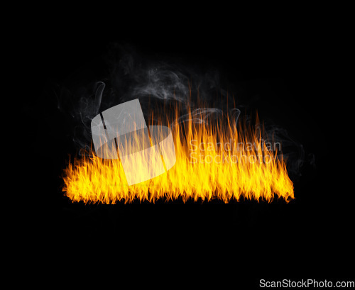 Image of Smoke, flame and heat on black background with texture, pattern and burning light energy. Fire line, fuel and flare isolated on dark wallpaper design or explosion at bonfire, thermal power or inferno