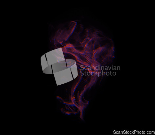 Image of Smoke, shadow and red fog with vapor, incense and creative art with studio and swirl. Colorful, neon puff and black background isolated with steam effect, cloud and magic mist of aura in the air