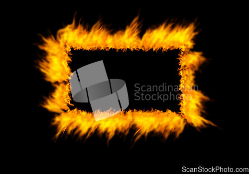 Image of Rectangle, flame and heat on black background with color, texture and pattern of burning energy. Fire frame, fuel or flare isolated on dark wallpaper design or explosion box, thermal power or inferno