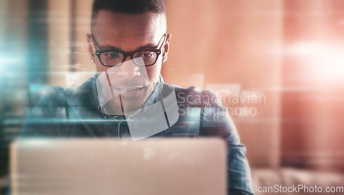 Image of Overlay, mockup and business black man on laptop in home office for planning, website and fintech graphs. Reading, hologram and person typing online, for statistics and data analytics on computer