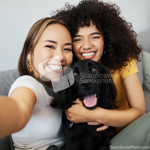 Image of Dog, portrait or lesbian couple in selfie in home to relax together on social media for profile picture or memory. Lgbtq, pet animal or happy women smile in photo with bond or care in living room