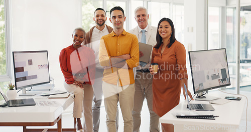 Image of Diversity, portrait and happy business people in office with pride, collaboration and marketing team at work. Group, teamwork and employees together at professional company with confidence and smile