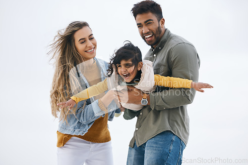 Image of Airplane, sky background or child with parents playing for a family bond with love, smile or care. Mom, flying or happy Indian dad with a girl kid to enjoy fun outdoor games on a holiday together