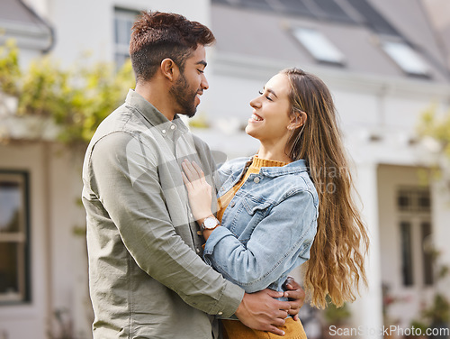 Image of Happy couple, hug and smile for new house, real estate and investment in property together with happiness, support and love. People, embrace and man and woman outdoor in home, garden or backyard
