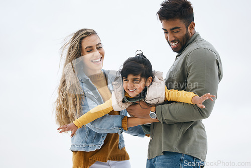 Image of Airplane, sky or kid with parents playing for a family bond with love, smile or care on vacation. Mom, flying or happy Indian dad with a girl kid to enjoy fun outdoor games on a holiday together