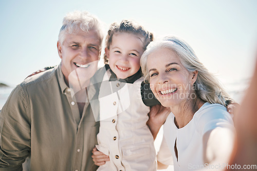 Image of Family, selfie and beach holiday with grandparents and young girl together with a smile. Happy, child and portrait at the sea and ocean with a profile picture pov for social media on summer vacation