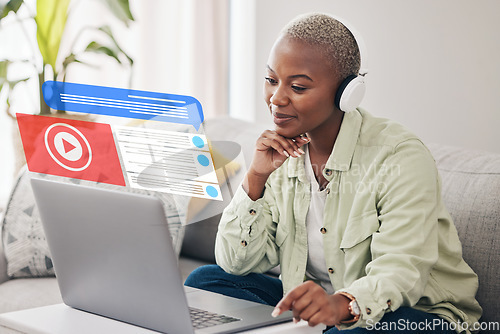 Image of Home, laptop and black woman with headphones, hologram and connection with digital app, streaming music or notification. African person, girl or lady on a sofa, holographic or headset with info or pc