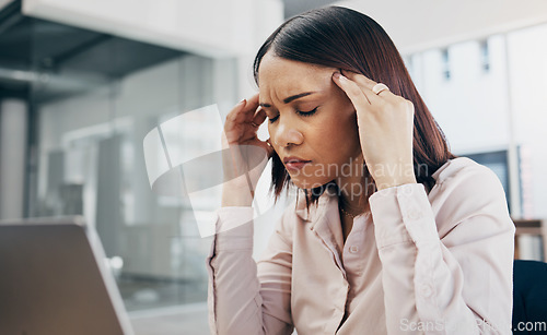 Image of Business, laptop and woman with stress, headache and depression with a deadline, tired and mental health. Person, worker and employee with a pc, migraine and pressure with fatigue, pain and anxiety