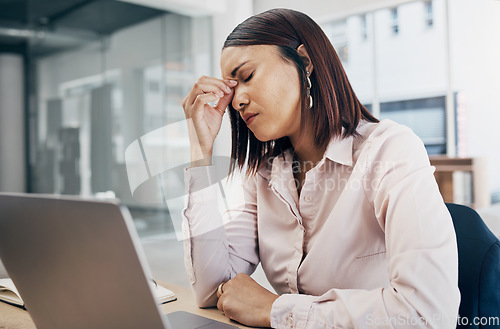 Image of Business, laptop and woman with pain, headache and frustrated with crisis, anxiety and stress. Person, entrepreneur or employee with a pc, migraine and mental health with tension, fatigue and burnout