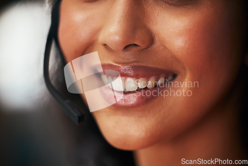 Image of Call center headset, communication and mouth of person talking, networking and consulting on technical support conversation. Contact us, receptionist microphone and telecom consultant on consultation