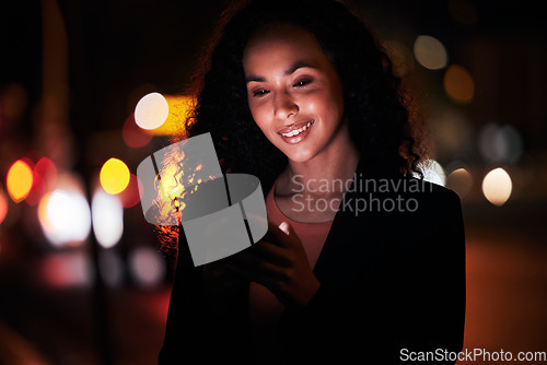 Image of Phone, city night and professional happy woman typing, search website or texting online business contact. Urban light, smartphone and person research mobile information, application or reading email
