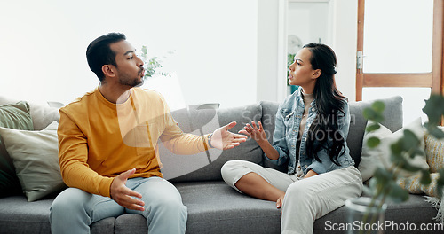 Image of Couple, fight and conflict on sofa for divorce, argument and moody breakup at home. Angry man, woman and communication for cheating, crisis or frustrated with partner for drama, blame or disagreement