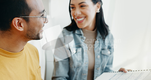 Image of Payment, finance and couple with documents for budget, online banking and savings for insurance. Fintech, planning and happy man and woman with bills on computer for mortgage, taxes and investment