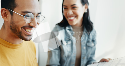 Image of Payment, finance and couple with documents for budget, online banking and savings for insurance. Fintech, planning and happy man and woman with bills on computer for mortgage, taxes and investment