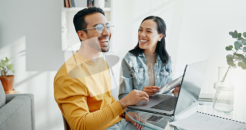 Image of Happy, finance and couple with documents on laptop for budget, online banking and insurance payment. Fintech, planning and man and woman with bills on computer for mortgage, taxes and investment