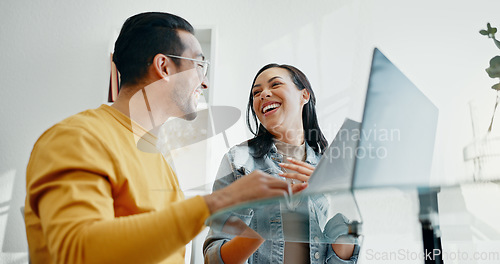 Image of Laptop, finance and couple with documents for budget, online banking and payment for insurance. Fintech, relationship and happy man and woman with bills on computer for mortgage, taxes and investment