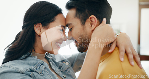 Image of Couple, forehead touch and hug in living room with love, bonding and happy people together at home. Healthy relationship, trust and support in commitment, partner and dancing, romance and intimacy