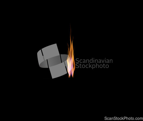 Image of Flame, heat and light on black background with color, texture and mockup pattern of burning energy. Fire, fuel and flare isolated on dark wallpaper design, explosion of bonfire or thermal power space
